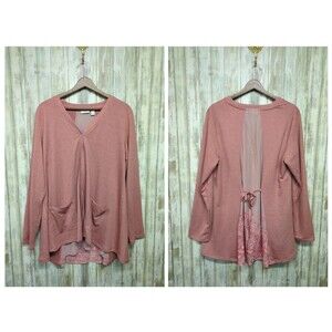 Logo Lounge Cardigan Pink Floral Feminine Romantic Lace Embroidered Aline Large